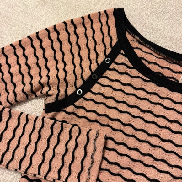 Free People Pink Black Wavy Stripe Pointelle Peplum Top - Picture 8 of 10